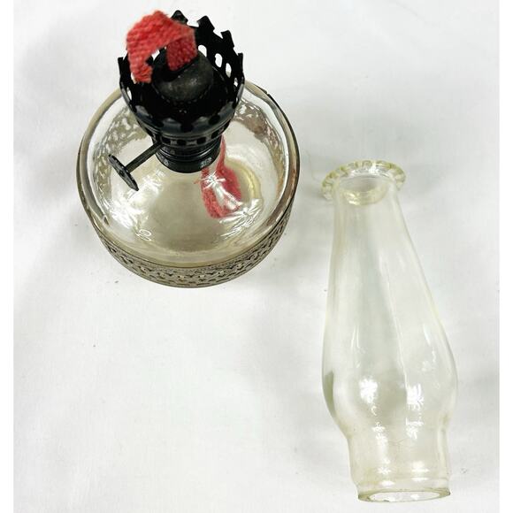 Vtg Miniature Clear Glass Oil Lamp Silver Metal Lattice Accent 8.5” Hong Kong - Picture 5 of 6